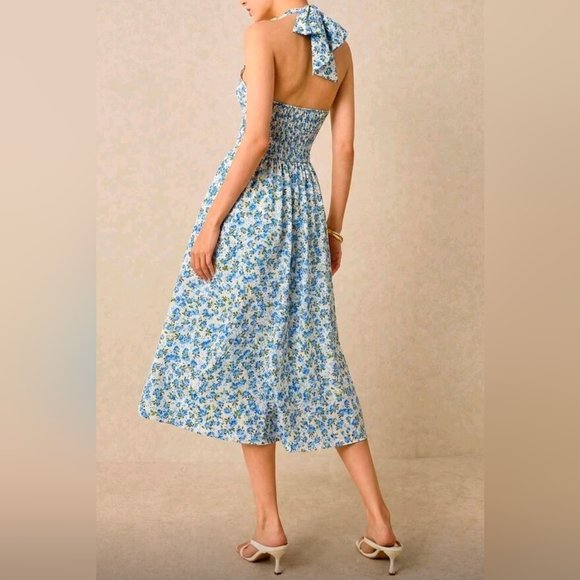 New Rose Floral Tie Halter Ruched Waist Midi Dress Blue White - Picture 8 of 10